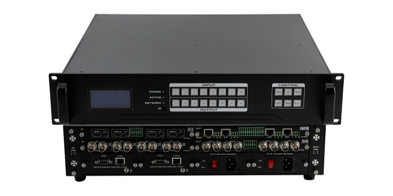 <i style='color:red'>高清混合插卡矩阵</i>支持HDMI、Fiber、HDMIBaseT、VGA接口等不同接口的信号无缝切换